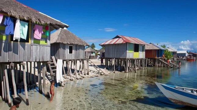 Picturesque stilt houses line a tropical coastline, built above clear water under a bright blue sky, showcasing island life.