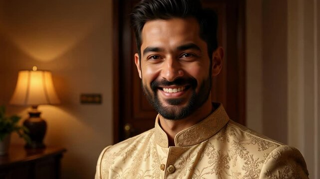 A smiling Indian man in traditional churidar and festive kurta looks directly into the camera with subtle lighting in this 4k footage.
