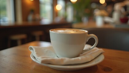 Close-up of latte art in a white ceramic cup sitting on a saucer and folded napkin indoors.