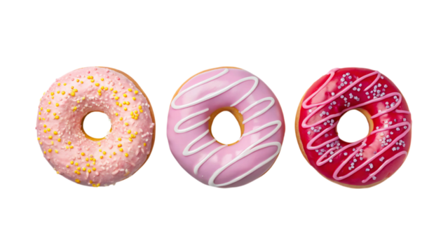 Delicious donuts with pink frosting and sprinkles on a black background view on transparent background