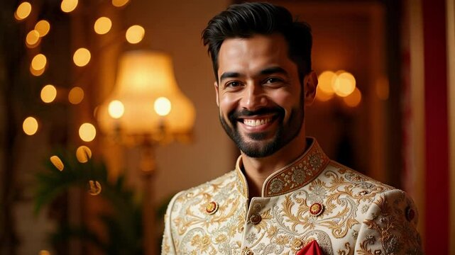 A handsome Indian man radiates confidence with a soft smile wearing a brocade sherwani in festive 4k footage perfect for cultural celebrations.
