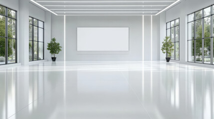 Fototapeta premium Bright, clean white chamber with large windows and minimalistic design, featuring plants