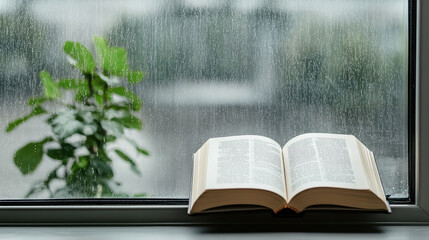 Serene scene of open book resting on windowsill, with raindrops on glass and greenery outside