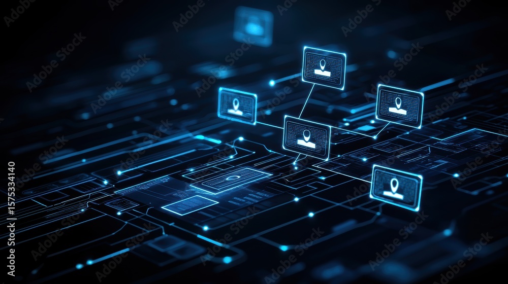 Poster digital network interface with glowing blue location and user icons connected across a dark circuit 