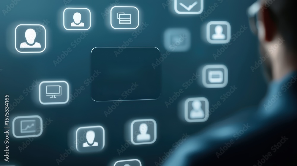 Poster a person interacts with a digital interface displaying floating icons of users, documents, and devic