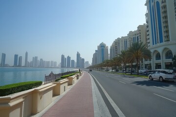 Fototapeta premium Bright sunny day at Sharjah Corniche with stunning seaside views and vibrant city skyline, Sharjah Corniche seaside view during bright sunny day