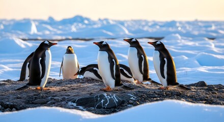 Gentoo Penguins Standing on Rocky Shore in Snowy Antarctic Landscape