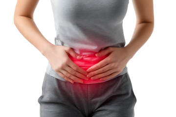 Woman experiencing lower abdominal pain.