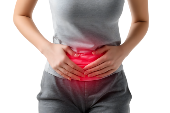 Woman experiencing lower abdominal pain.