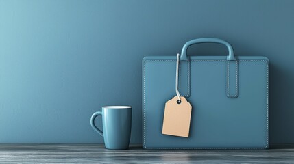 A blue briefcase with a blank brown tag and a matching blue coffee mug sit on a wooden surface against a blue wall, AI HR office activities