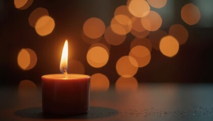 Illuminated candle flame creates soft bokeh glow on reflective surface symbolizing hope and peace.