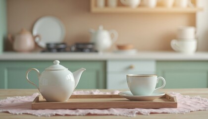 Elegant porcelain teapot and teacup rest serenely on a wooden tray in a bright, airy kitchen scene.