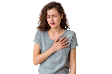 Woman experiencing chest pain, discomfort, or heart attack symptoms.