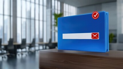 A digital blue envelope icon with a checked notification badge is displayed on a wooden surface in a modern office setting, AI HR office activities