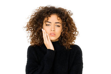 Young woman with toothache, hand on cheek.
