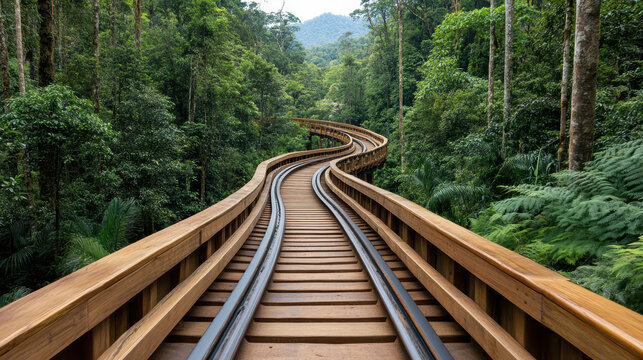 Curved wooden railway tracks wind through lush green forest, creating serene atmosphere - Powered by Adobe