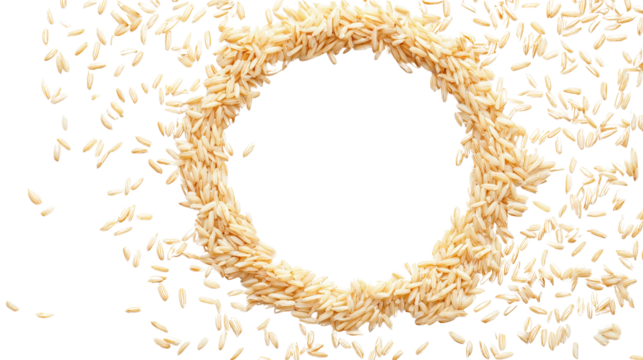 Rice grains forming a circle background isolated on a Transparent background, PNG file.