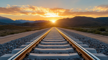 Fototapeta premium Sunset over railway tracks, mountains in background, serene landscape, warm colors