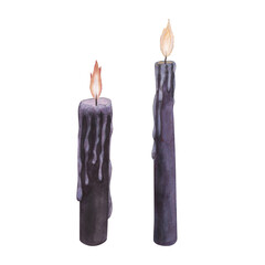 Set Witch's magical purple violet wax candle flame isolated on white background. Watercolor hand drawn dark fantasy sketch illustration. Art design mystical halloween witch decoration greeting card