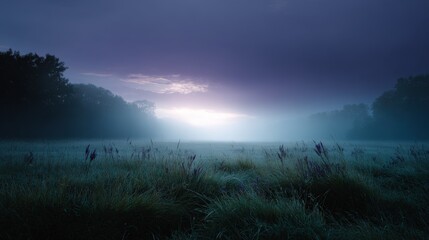 Obraz premium Misty Field Sunrise Landscape with Purple Sky