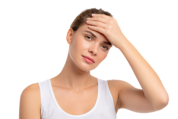 Young woman with headache, touching her forehead.