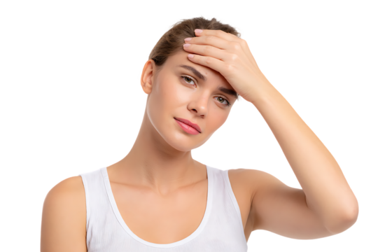 Young woman with headache, touching her forehead.