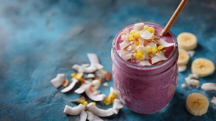 Purple Berry Smoothie with Banana and Coconut Flakes