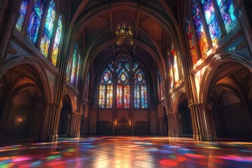 Obraz premium Vibrant gothic hall interior with colorful stained glass windows illuminating the space, Vibrant gothic hall interior with colorful stained glass and dramatic lighting Architecture concept