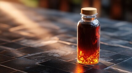 Dark Amber Liquid in Glass Bottle on Dark Surface