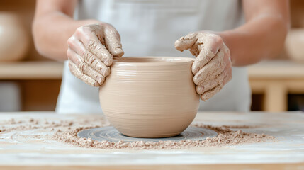 Crafting ceramic bowl with hands shaping clay on pottery wheel, showcasing artistry and skill