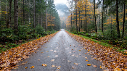 Serene forest road lined with colorful autumn leaves, surrounded by tall trees and misty