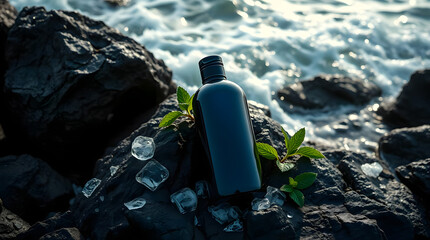 Dark Navy Blue Shampoo Bottle Mockup on Rocks by the Ocean