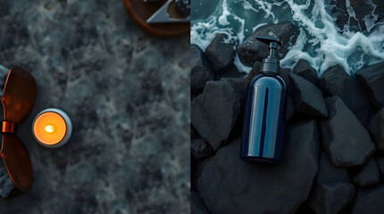 Dark Navy Blue Shampoo Bottle Mockup on Rocks by the Ocean