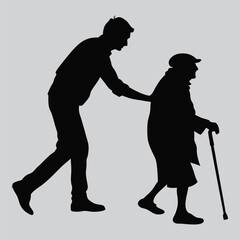 Man Helping Elderly Cross Road silhouette vector design art and illustration