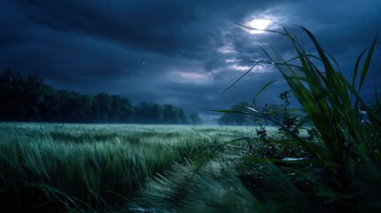 Night Field Landscape Under a Full Moon
