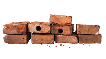 A stack of red bricks isolated on transparent background shows construction