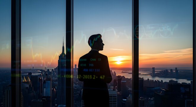 Silhouette of a businessman gazing out a large window at a cityscape with a vibrant sunset and financial data overlays.