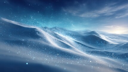 Snowy Blue Mountain Landscape at Night with Sparkling Lights