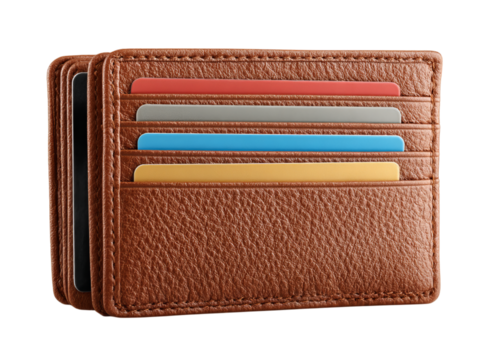 Brown leather wallet with colorful credit cards, On Transparent Background, Png