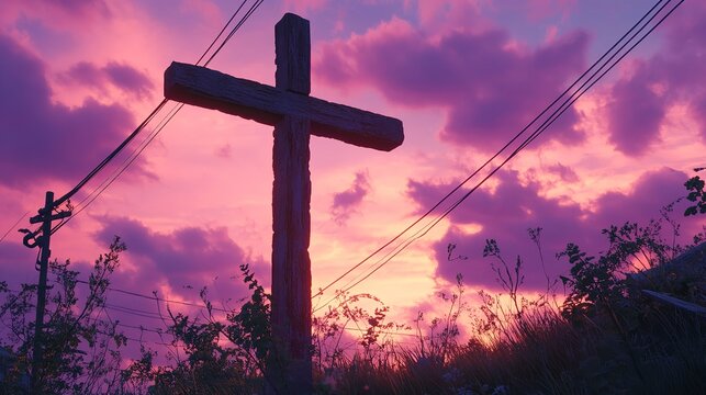 Wooden cross in a field at sunset