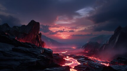 Fiery Volcanic Landscape at Sunset