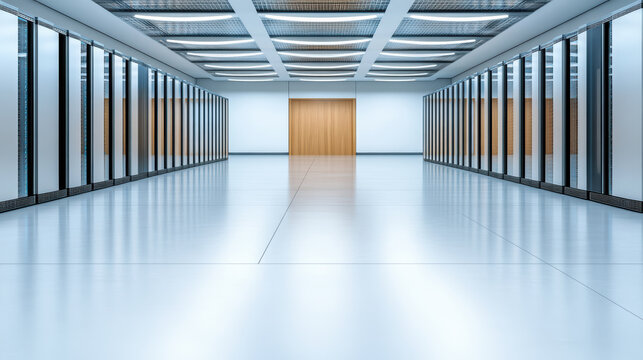 Large scale data center with rows of servers and sleek, modern design