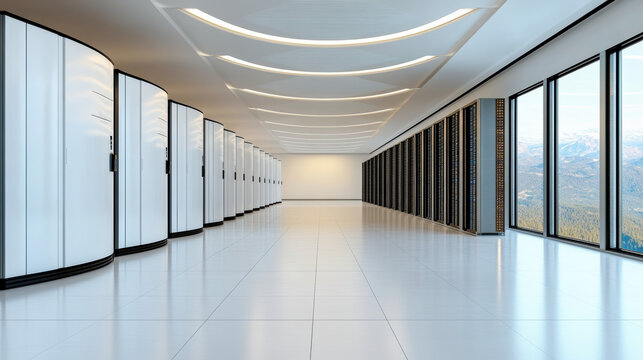 Large scale data center with sleek design and modern architecture, featuring rows of servers