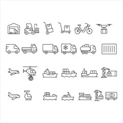 Commercial vehicles line icon set. Vector pictograms of container, pallet, forklift, plane, drone, helicopter, ship, train, cargo truck, warehouse, silhouette vector icons 