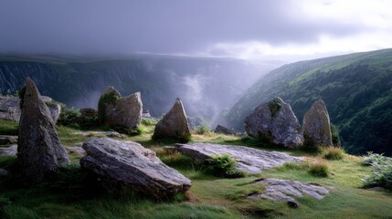 Ancient Stone Structures on Mountaintop Valley with Misty Atmosphere