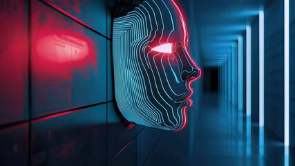Futuristic human face profile with illuminated elements in a corridor setting neon and dark ambiance. Metallic textures and digital glow against a blue background. - Powered by Adobe