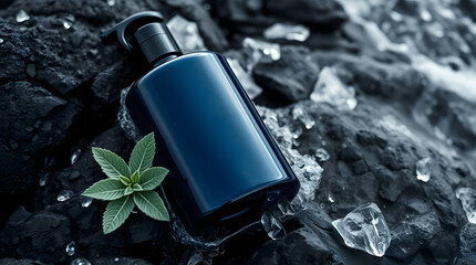Dark Navy Blue Shampoo Bottle Mockup on Rocks by the Ocean