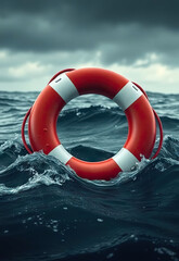 Red and white lifebuoy floating on turbulent ocean waves under cloudy sky, symbolizing safety and hope