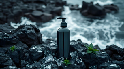 Dark Navy Blue Shampoo Bottle Mockup on Rocks by the Ocean