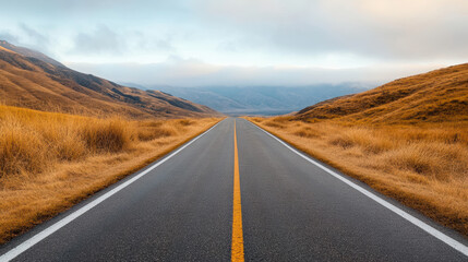 Fototapeta premium Minimalist desert road stretches into distance, surrounded by golden grass and mountains